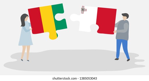 Couple holding two puzzles pieces with Guinean and Maltese flags. Guinea and Malta national symbols together.