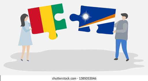 Couple holding two puzzles pieces with Guinean and Marshallese flags. Guinea and Marshall Islands national symbols together.
