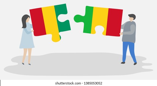 Couple holding two puzzles pieces with Guinean and Malian flags. Guinea and Mali national symbols together.