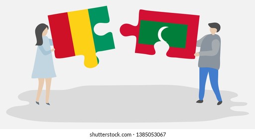Couple holding two puzzles pieces with Guinean and Maldivian flags. Guinea and Maldives national symbols together.