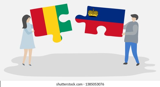 Couple holding two puzzles pieces with Guinean and Liechtenstein flags. Guinea and Liechtenstein national symbols together.