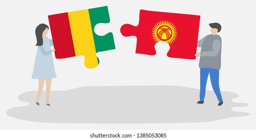 Couple holding two puzzles pieces with Guinean and Kirgiz flags. Guinea and Kyrgyzstan national symbols together.