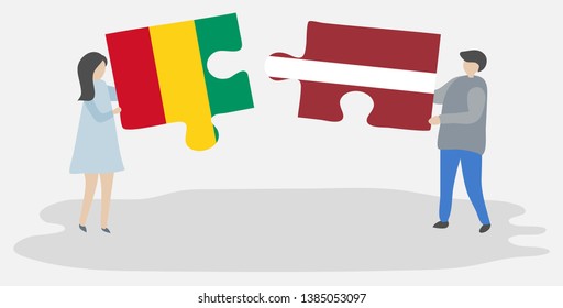 Couple holding two puzzles pieces with Guinean and Latvian flags. Guinea and Latvia national symbols together.