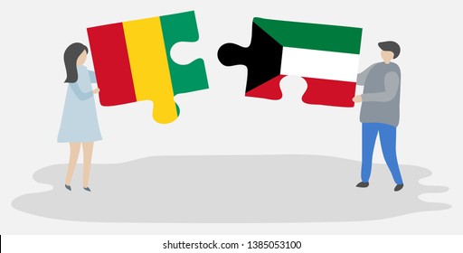 Couple holding two puzzles pieces with Guinean and Kuwaiti flags. Guinea and Kuwait national symbols together.