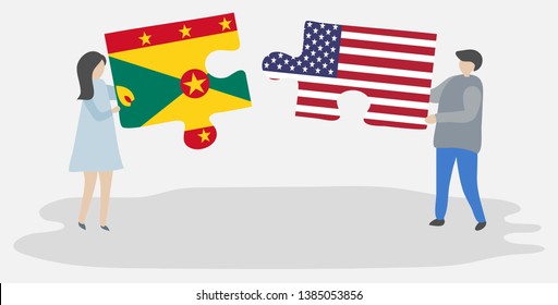 Couple holding two puzzles pieces with Grenadian and American flags. Grenada and United States of America national symbols together.