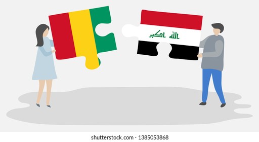 Couple holding two puzzles pieces with Guinean and Iraqi flags. Guinea and Iraq national symbols together.