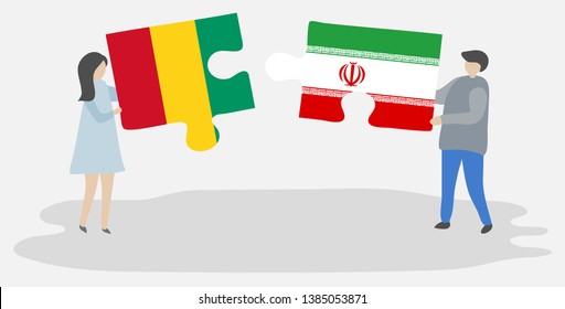 Couple holding two puzzles pieces with Guinean and Iranian flags. Guinea and Iran national symbols together.