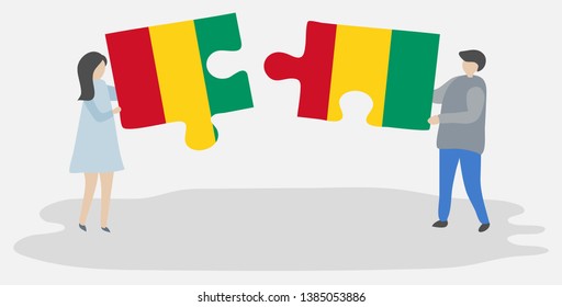Couple holding two puzzles pieces with Guinean and Guinean flags. Guinea and Guinea national symbols together.