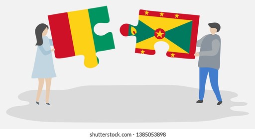 Couple holding two puzzles pieces with Guinean and Grenadian flags. Guinea and Grenada national symbols together.