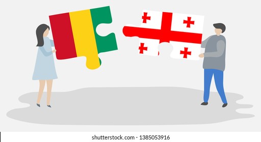 Couple holding two puzzles pieces with Guinean and Georgian flags. Guinea and Georgia national symbols together.