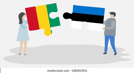 Couple holding two puzzles pieces with Guinean and Estonian flags. Guinea and Estonia national symbols together.
