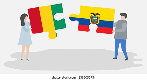 Couple holding two puzzles pieces with Guinean and Ecuadorian flags. Guinea and Ecuador national symbols together.