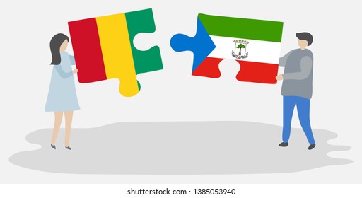 Couple holding two puzzles pieces with Guinean and Equatorial Guinean flags. Guinea and Equatorial Guinea national symbols together.