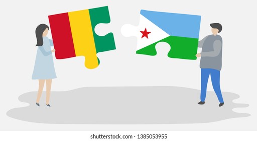 Couple holding two puzzles pieces with Guinean and Djiboutian flags. Guinea and Djibouti national symbols together.