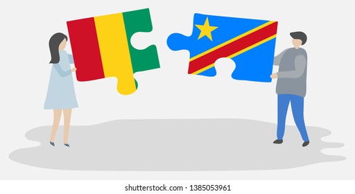 Couple holding two puzzles pieces with Guinean and Congolese flags. Guinea and Democratic Republic of the Congo national symbols together.