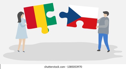 Couple holding two puzzles pieces with Guinean and Czech flags. Guinea and Czech Republic national symbols together.
