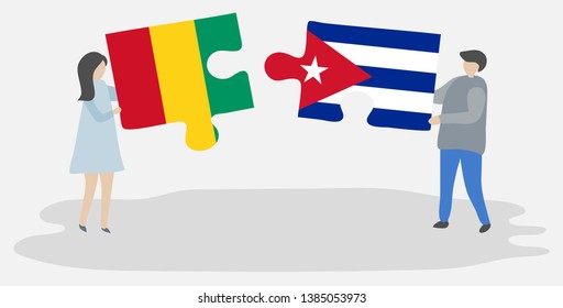 Couple holding two puzzles pieces with Guinean and Cuban flags. Guinea and Cuba national symbols together.