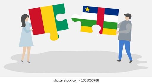 Couple holding two puzzles pieces with Guinean and Central African flags. Guinea and Central African Republic national symbols together.
