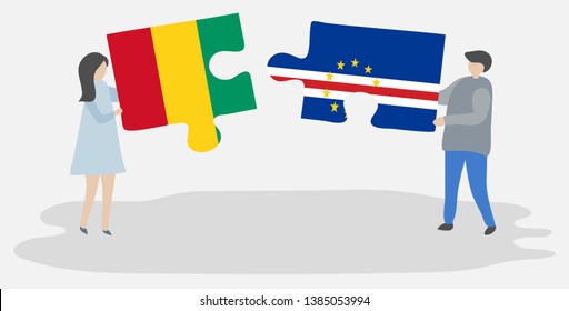 Couple holding two puzzles pieces with Guinean and Cabo Verdean flags. Guinea and Cape Verde national symbols together.