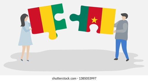 Couple holding two puzzles pieces with Guinean and Cameroonian flags. Guinea and Cameroon national symbols together.