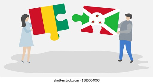 Couple holding two puzzles pieces with Guinean and Burundian flags. Guinea and Burundi national symbols together.