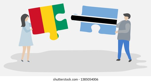 Couple holding two puzzles pieces with Guinean and Motswana flags. Guinea and Botswana national symbols together.