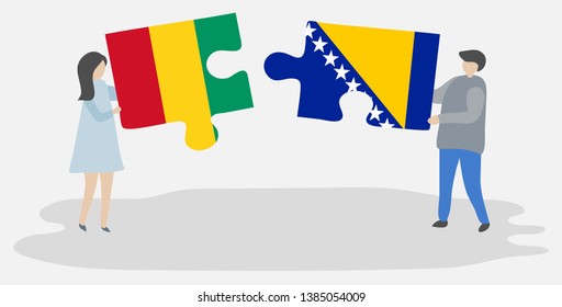 Couple holding two puzzles pieces with Guinean and Bosnian flags. Guinea and Bosnia and Herzegovina national symbols together.