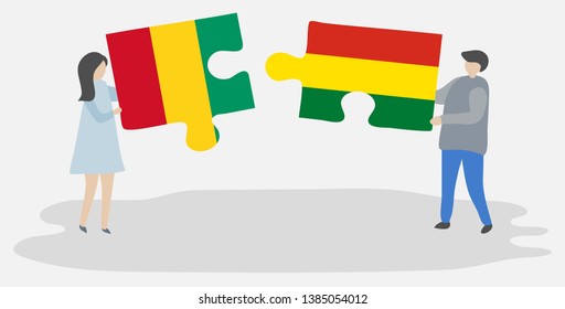 Couple holding two puzzles pieces with Guinean and Bolivian flags. Guinea and Bolivia national symbols together.