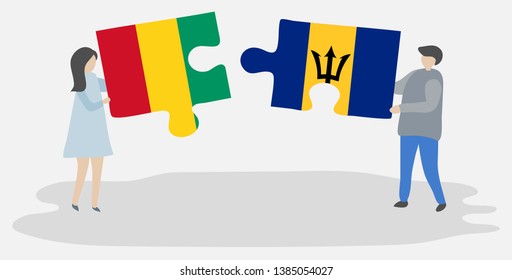 Couple holding two puzzles pieces with Guinean and Barbadian flags. Guinea and Barbados national symbols together.