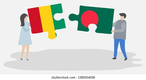 Couple holding two puzzles pieces with Guinean and Bangladeshi flags. Guinea and Bangladesh national symbols together.