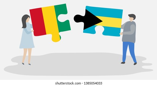 Couple holding two puzzles pieces with Guinean and Bahamian flags. Guinea and Bahamas national symbols together.