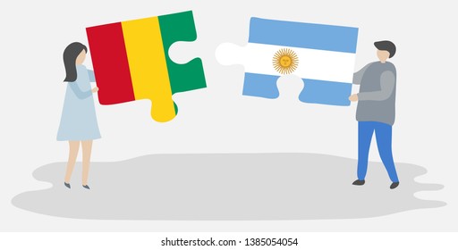 Couple holding two puzzles pieces with Guinean and Argentine flags. Guinea and Argentina national symbols together.