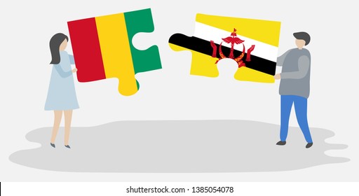 Couple holding two puzzles pieces with Guinean and Bruneian flags. Guinea and Brunei national symbols together.