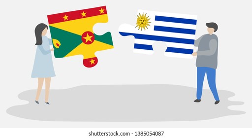 Couple holding two puzzles pieces with Grenadian and Uruguayan flags. Grenada and Uruguay national symbols together.