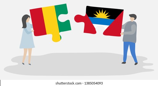Couple holding two puzzles pieces with Guinean and Antiguan flags. Guinea and Antigua and Barbuda national symbols together.