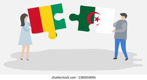Couple holding two puzzles pieces with Guinean and Algerian flags. Guinea and Algeria national symbols together.