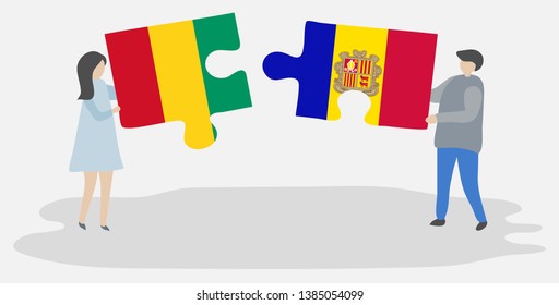 Couple holding two puzzles pieces with Guinean and Andorran flags. Guinea and Andorra national symbols together.