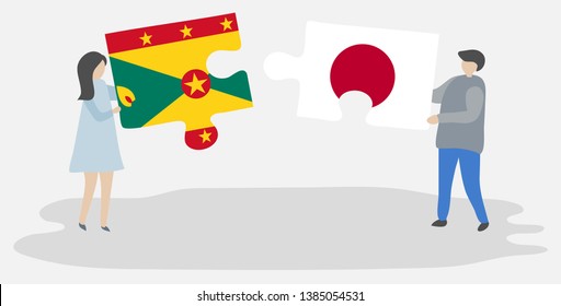 Couple holding two puzzles pieces with Grenadian and Japanese flags. Grenada and Japan national symbols together.
