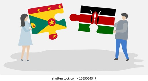 Couple holding two puzzles pieces with Grenadian and Kenyan flags. Grenada and Kenya national symbols together.
