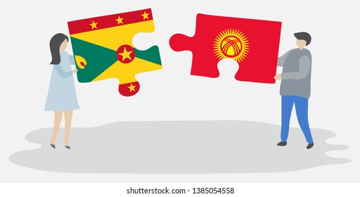 Couple holding two puzzles pieces with Grenadian and Kirgiz flags. Grenada and Kyrgyzstan national symbols together.