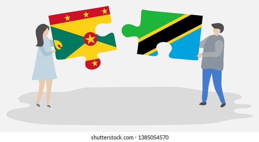 Couple holding two puzzles pieces with Grenadian and Tanzanian flags. Grenada and Tanzania national symbols together.