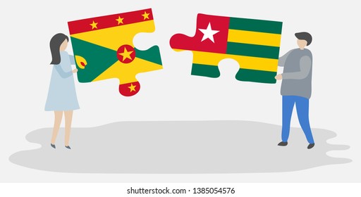 Couple holding two puzzles pieces with Grenadian and Togolese flags. Grenada and Togo national symbols together.