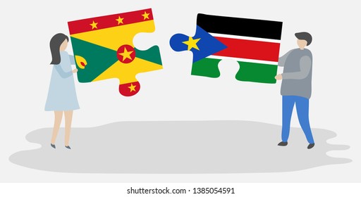Couple holding two puzzles pieces with Grenadian and South Sudanese flags. Grenada and South Sudan national symbols together.