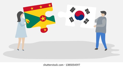 Couple holding two puzzles pieces with Grenadian and South Korean flags. Grenada and South Korea national symbols together.
