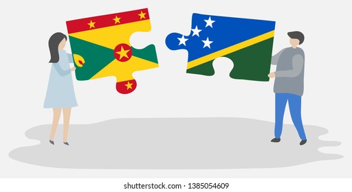 Couple holding two puzzles pieces with Grenadian and Solomon Island flags. Grenada and Solomon Islands national symbols together.