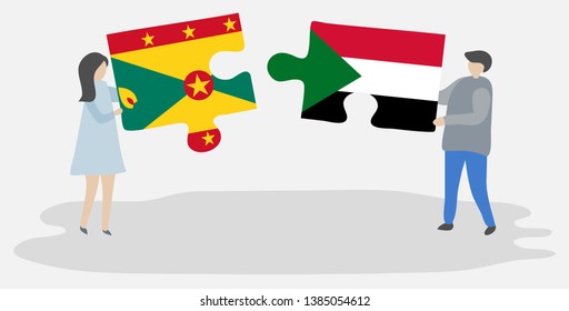 Couple holding two puzzles pieces with Grenadian and Sudanese flags. Grenada and Sudan national symbols together.