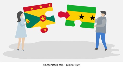 Couple holding two puzzles pieces with Grenadian and Sao Tomean flags. Grenada and Sao Tome and Principe national symbols together.