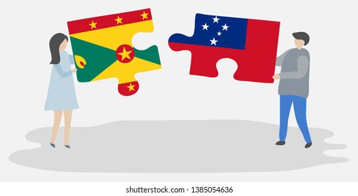 Couple Holding Two Puzzles Pieces With Grenadian And Samoan Flags. Grenada And Samoa National Symbols Together.