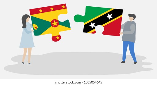 Couple holding two puzzles pieces with Grenadian and Kittitian flags. Grenada and Saint Kitts and Nevis national symbols together.