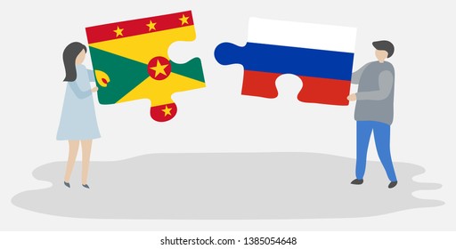 Couple holding two puzzles pieces with Grenadian and Russian flags. Grenada and Russia national symbols together.